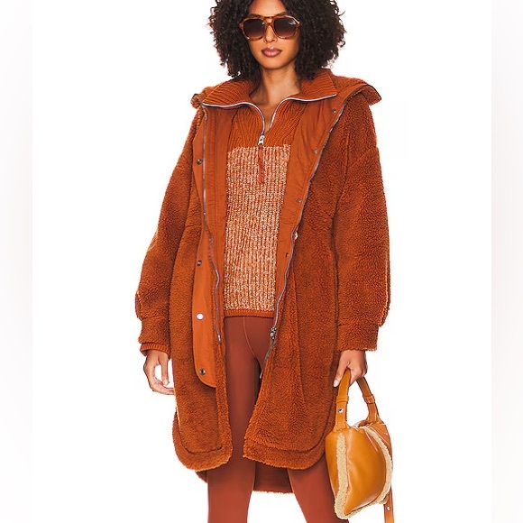 Varley Jones Sherpa Coat Medium Caramel Cafe New Long Teddy Jacket Rust - Picture 13 of 13